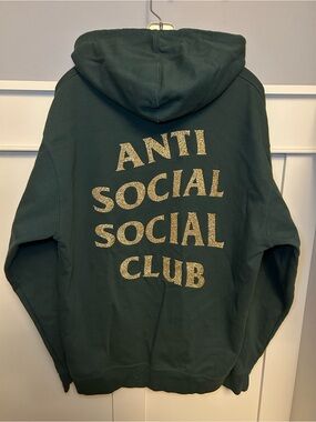Anti Social Social Club Men's Forest Green Zip-Up Hoodie with Gold Glitter Logo